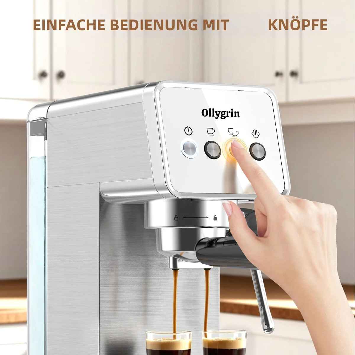 Ollygrin Espressomaschine 15 Bar, Edelstahl, Dampfaufschäumer, 1,2-Liter-Wassertank 3