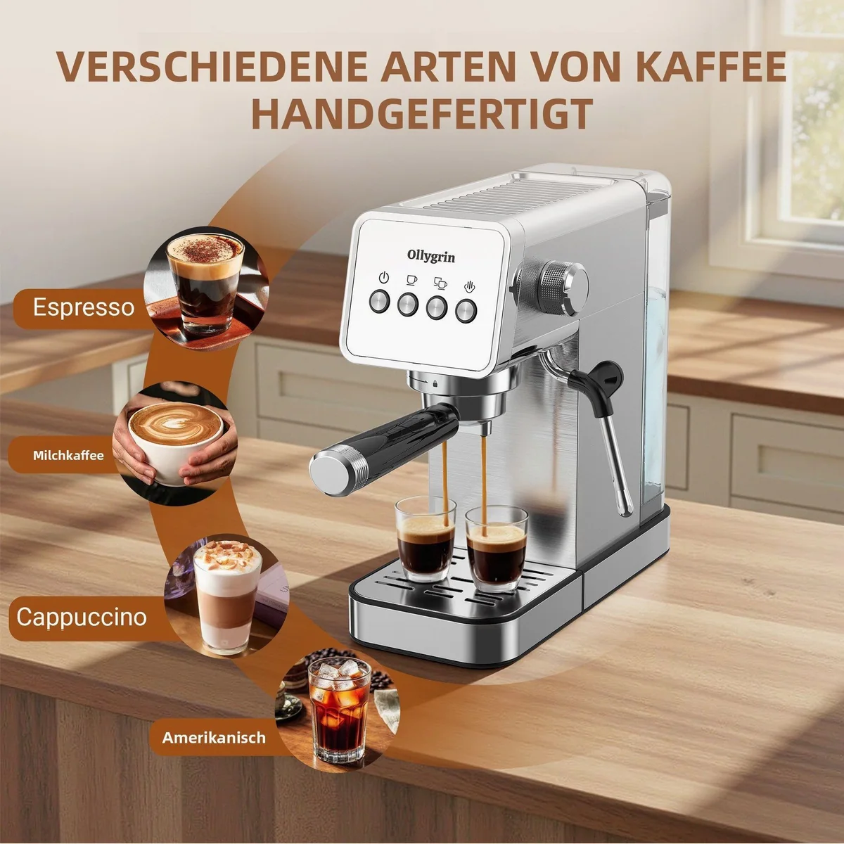 Ollygrin Espressomaschine 15 Bar, Edelstahl, Dampfaufschäumer, 1,2-Liter-Wassertank 5