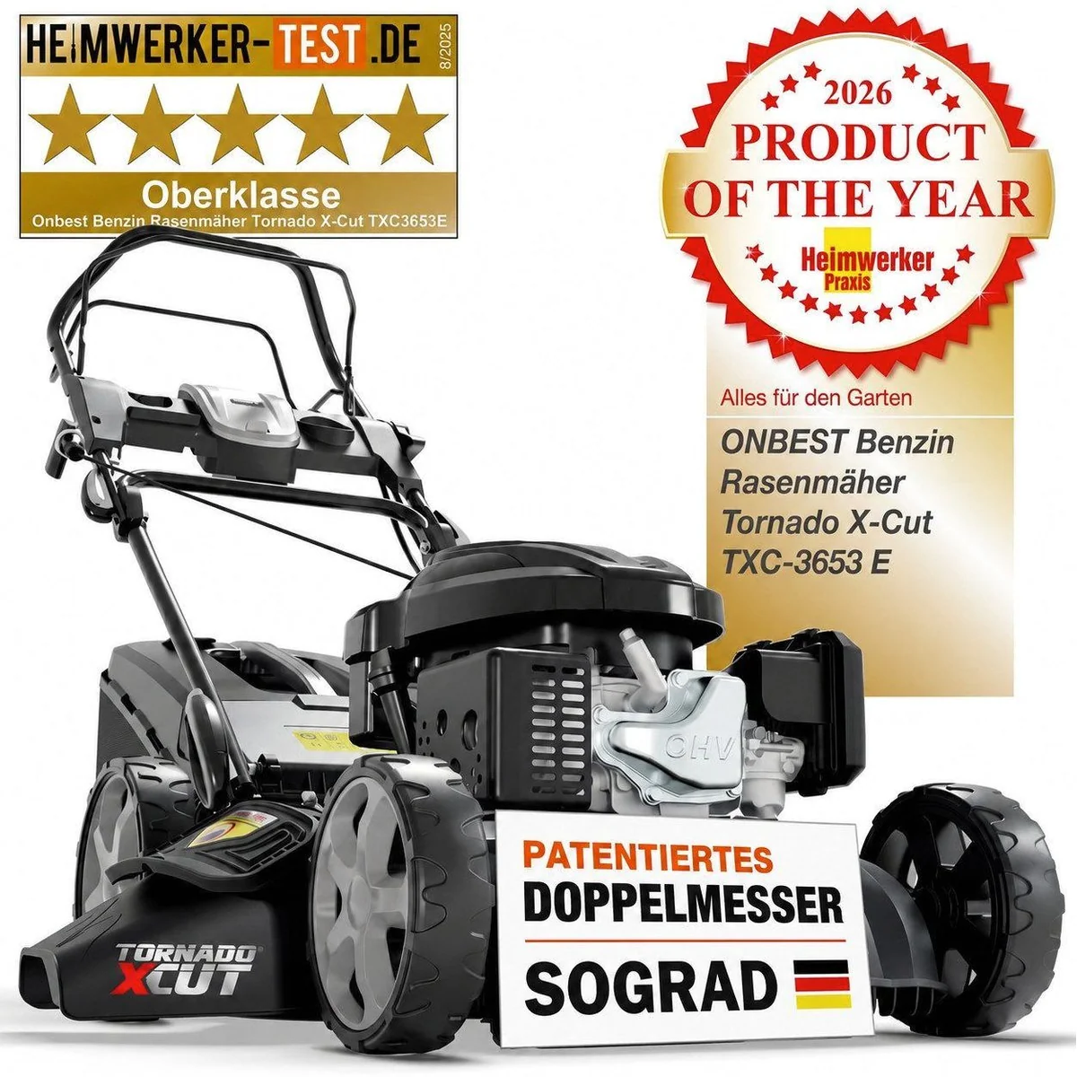 Onbest Tornado X-Cut Benzinrasenmäher, 5in1-Funktion, Elektrostart, 6,5 PS