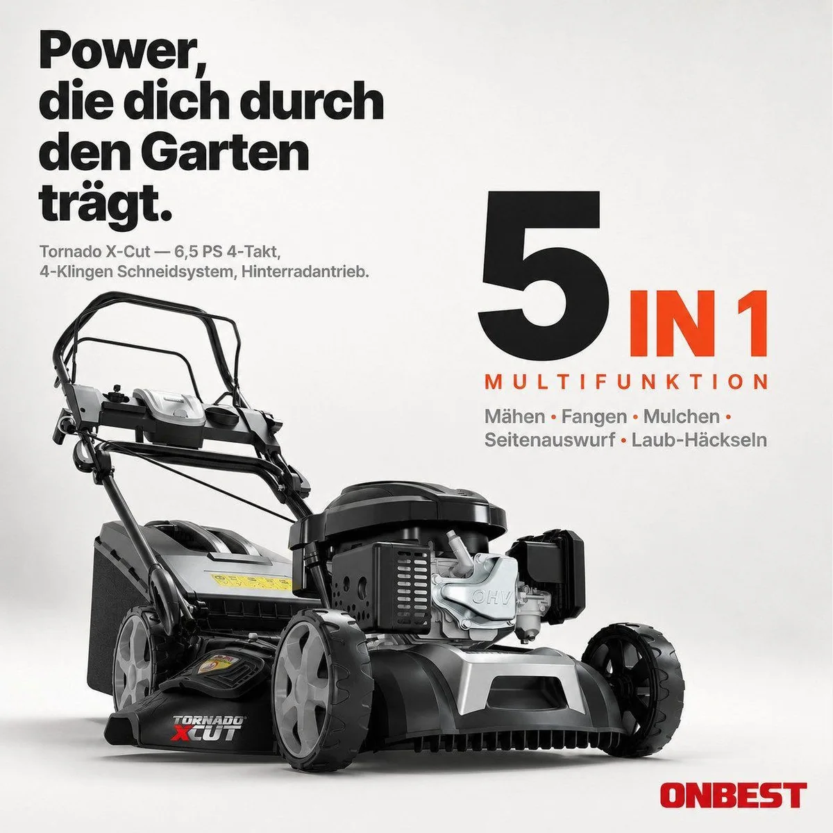 Onbest Tornado X-Cut Benzinrasenmäher, 5in1-Funktion, Elektrostart, 6,5 PS 2