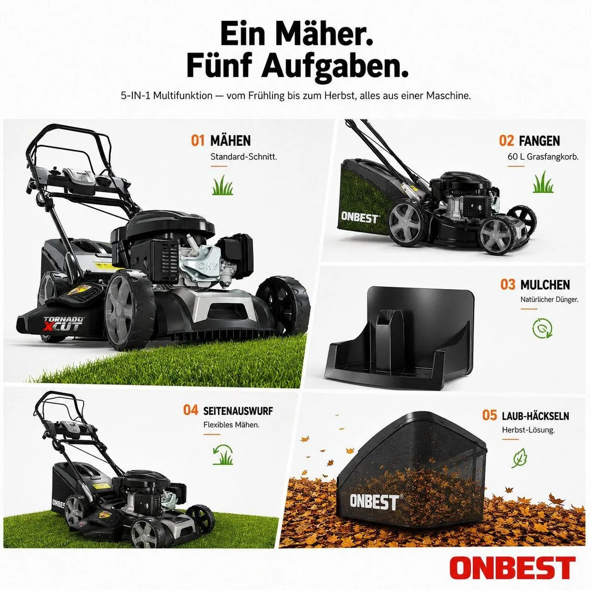 Onbest Tornado X-Cut Benzinrasenmäher, 5in1-Funktion, Elektrostart, 6,5 PS 4