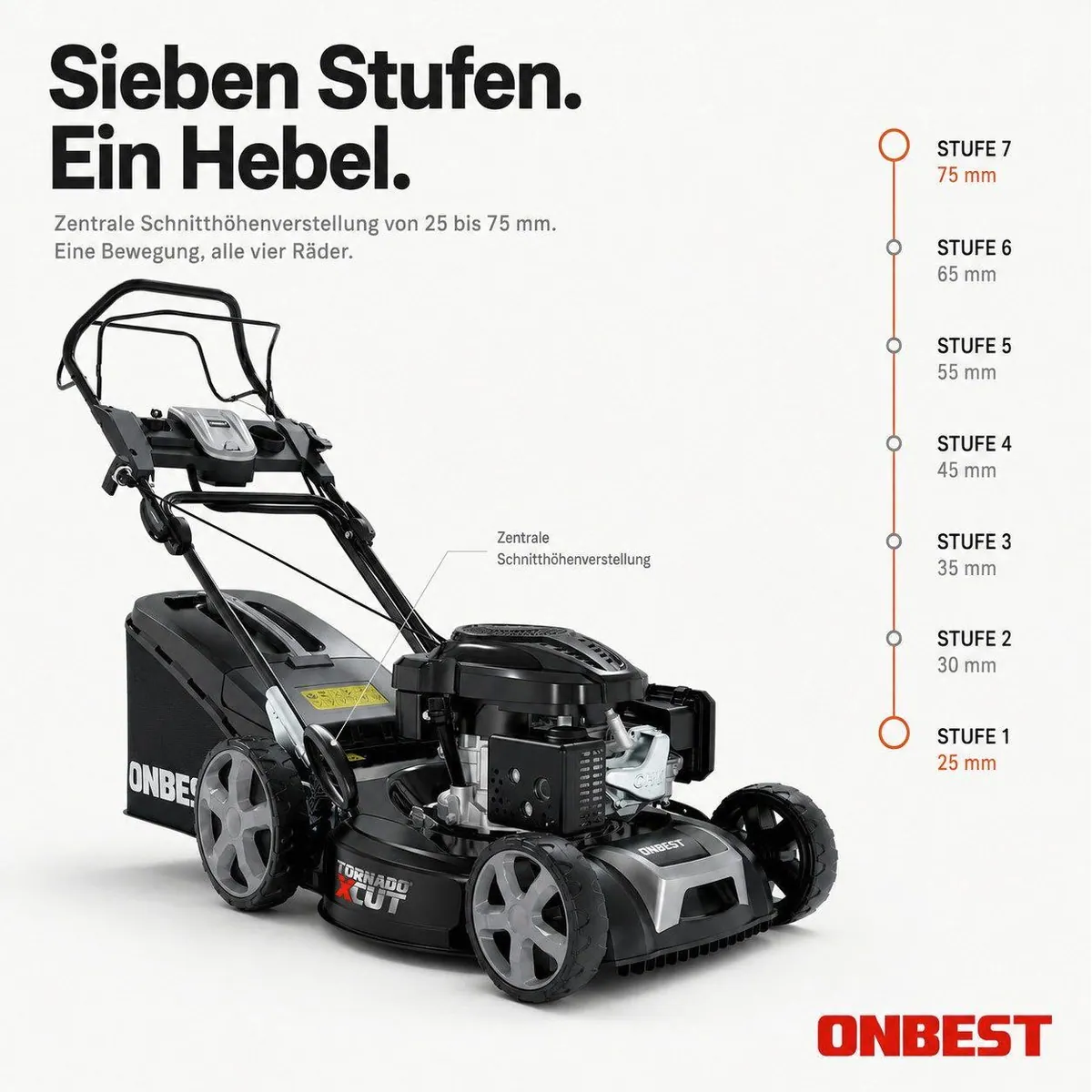 Onbest Tornado X-Cut Benzinrasenmäher, 5in1-Funktion, Elektrostart, 6,5 PS 5
