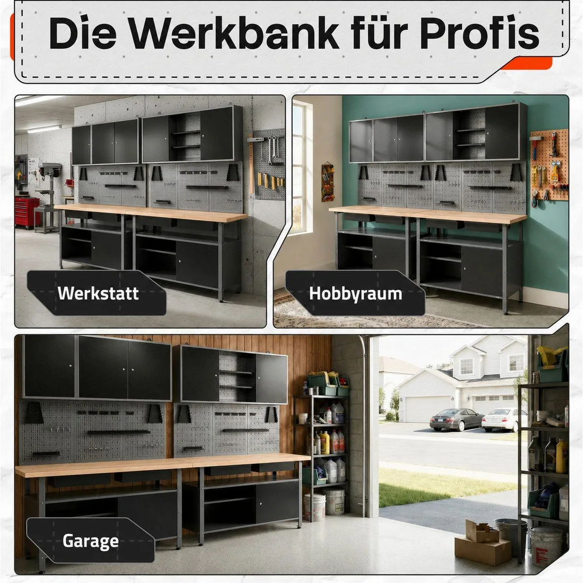 ONDIS24 Werkstatt-Set, 240 cm Werkbank, Lochwand und Hängeschränke 4
