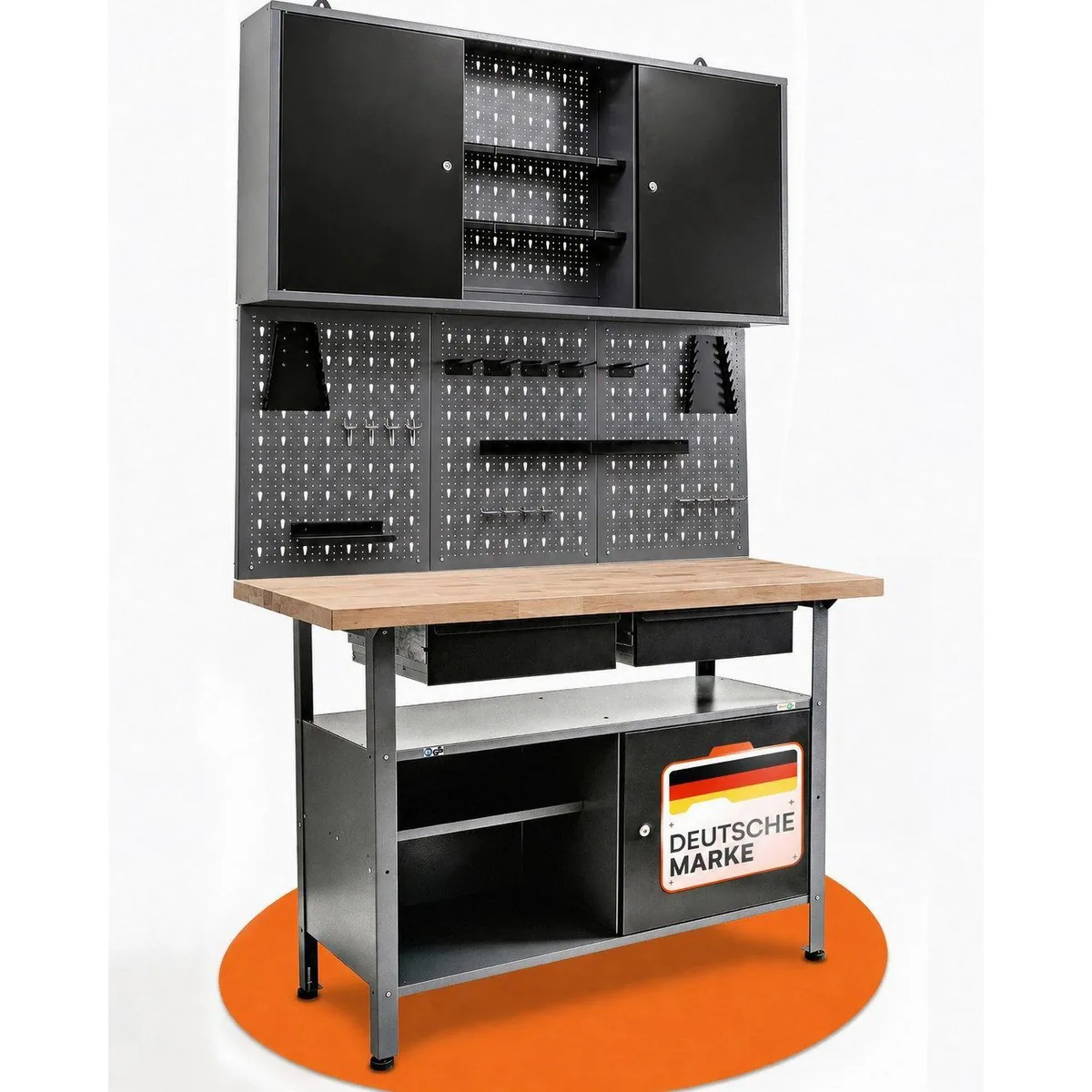 ONDIS24 Werkstatt-Set Fritz, stabile Werkbank, Lochwand & Hängeschrank — 120 cm Arbeitsfläche