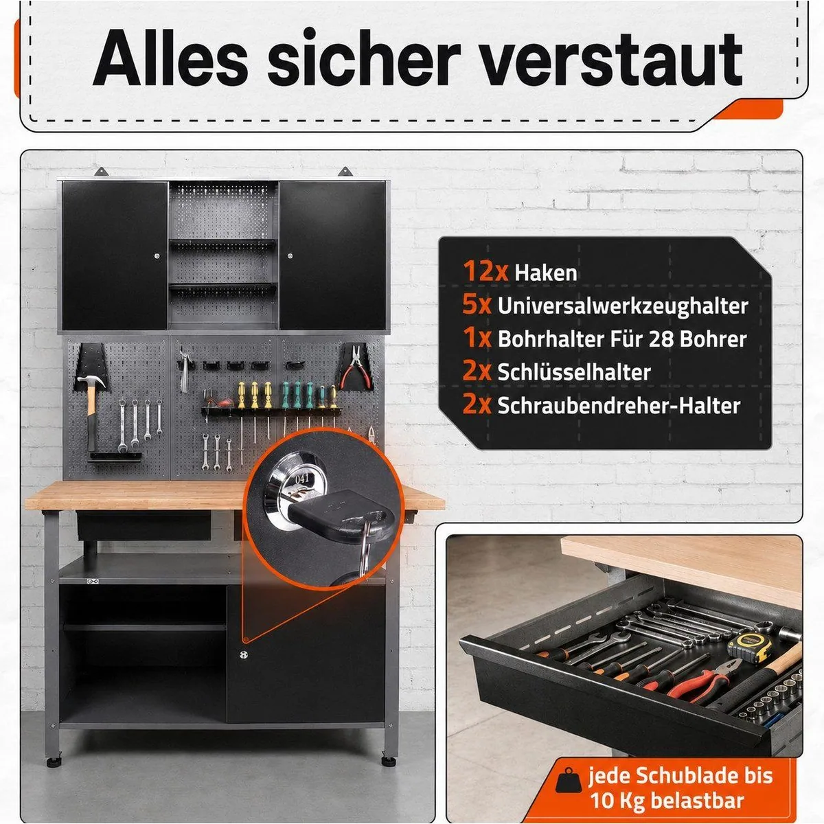 ONDIS24 Werkstatt-Set Fritz, stabile Werkbank, Lochwand & Hängeschrank — 120 cm Arbeitsfläche 2