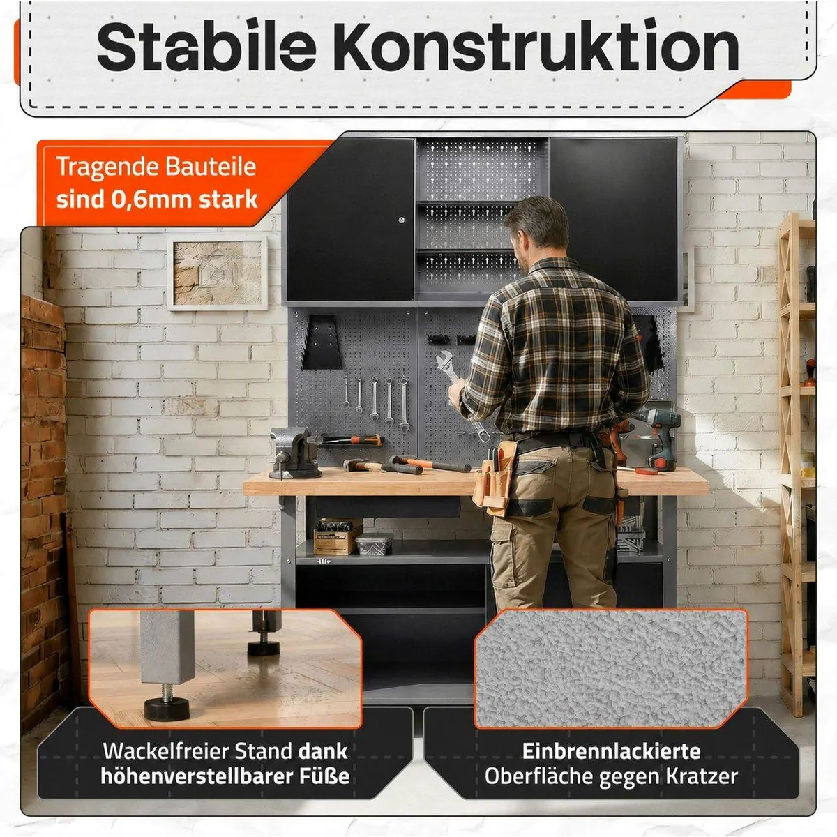 ONDIS24 Werkstatt-Set Fritz, stabile Werkbank, Lochwand & Hängeschrank — 120 cm Arbeitsfläche 4