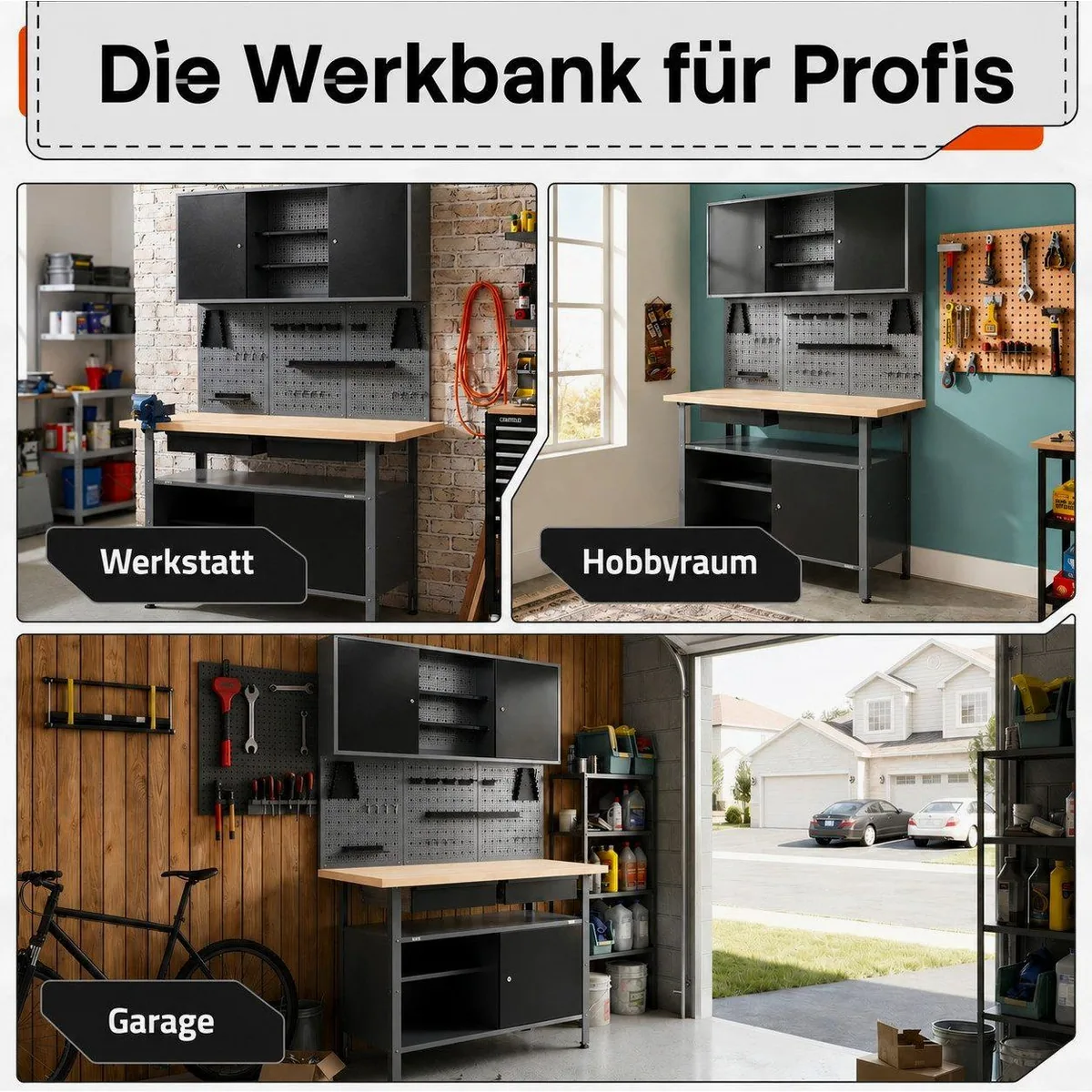 ONDIS24 Werkstatt-Set Fritz, stabile Werkbank, Lochwand & Hängeschrank — 120 cm Arbeitsfläche 5