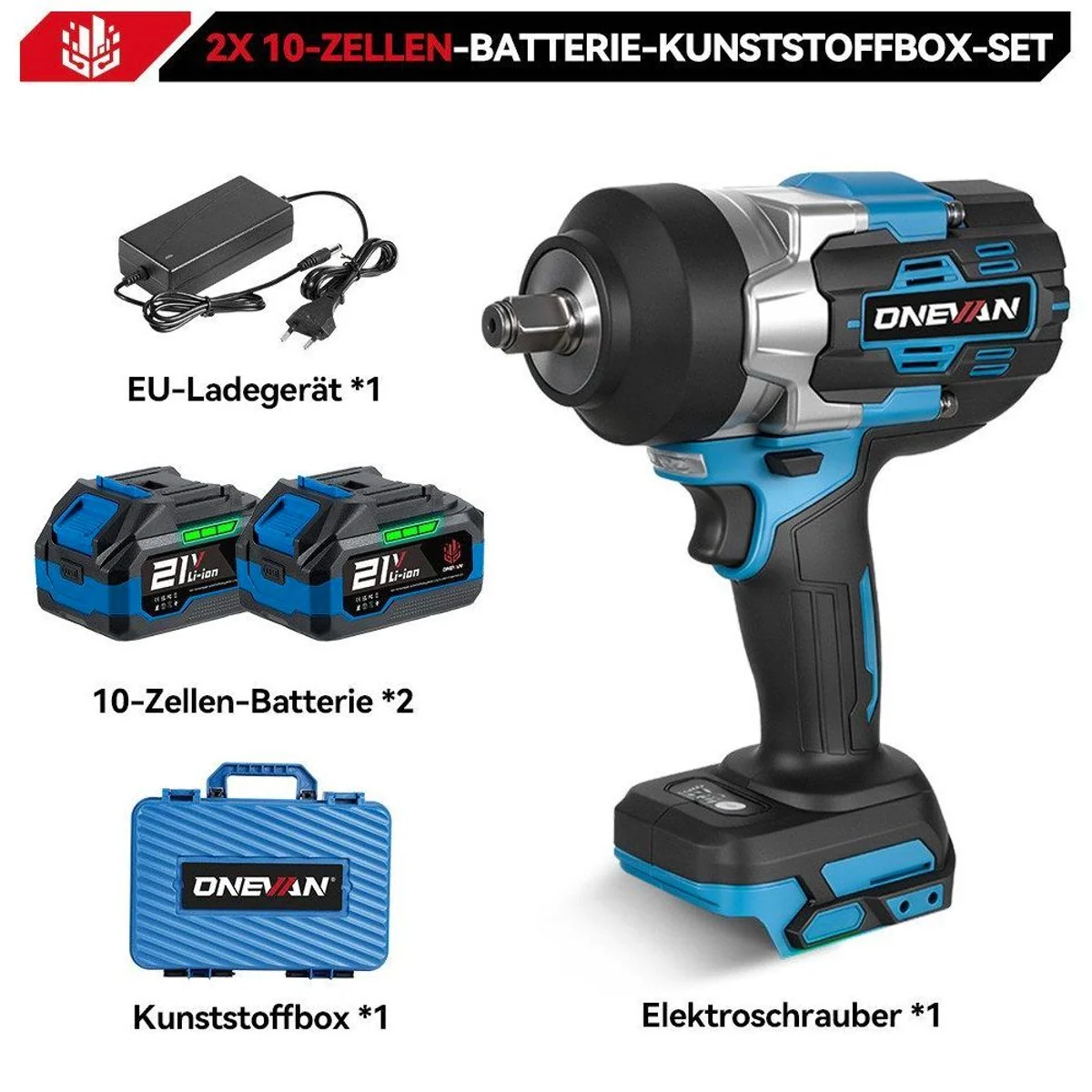 ONEVAN Akku-Schlagschrauber, 2800 Nm, bürstenlos, 2 Akkus & Box 3