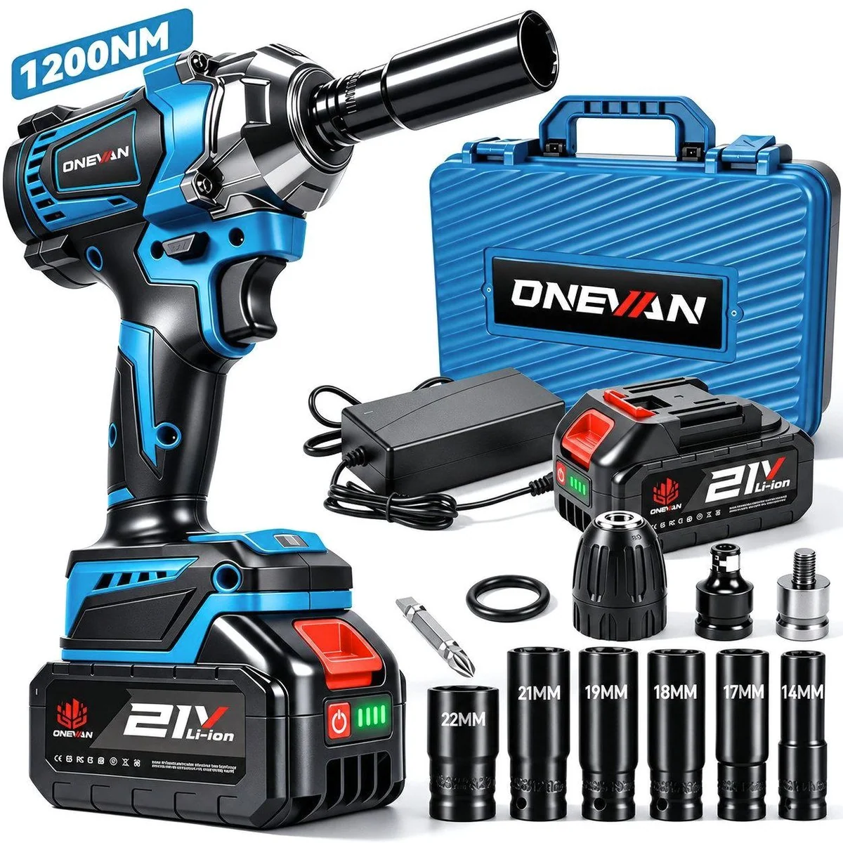 ONEVAN Akku-Schlagschrauber, 950 Nm, 2x 3000mAh Akku, LED-Arbeitslicht