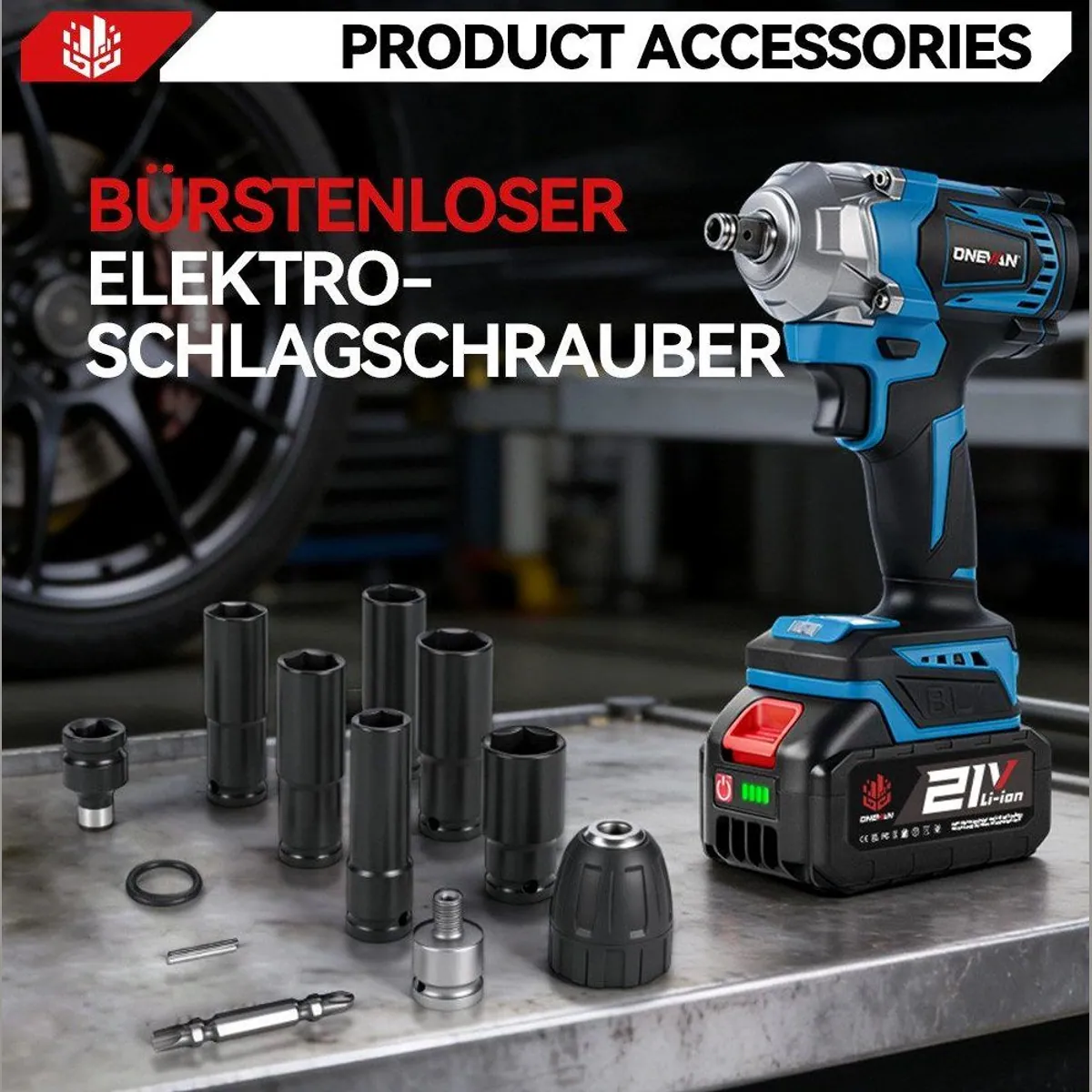 ONEVAN Akku-Schlagschrauber, 950 Nm, 2x 3000mAh Akku, LED-Arbeitslicht 3
