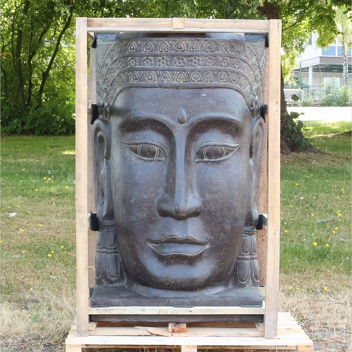 Oriental Galerie Buddha Brunnen Wasserwand, handgearbeitet aus Lavastein — 150 cm hoch, frostsicher, beruhigende Atmosphäre