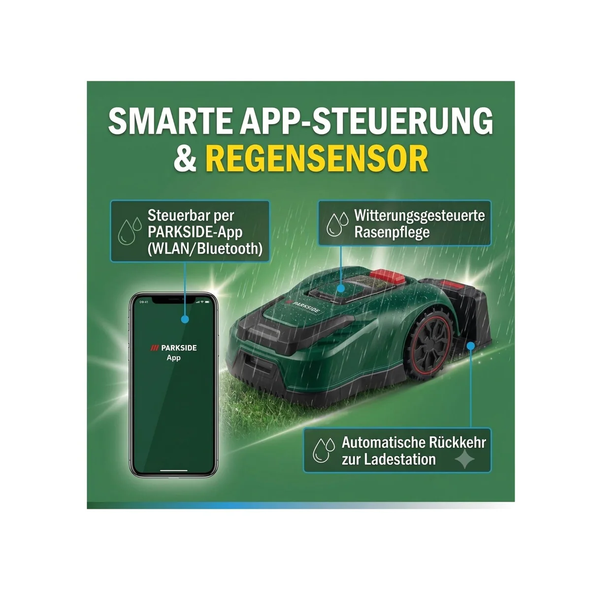 Parkside PAMRS 1000 A1 Rasenmähroboter, App-Steuerung & leistungsstarker Akku — für Flächen bis 1000 m² 3