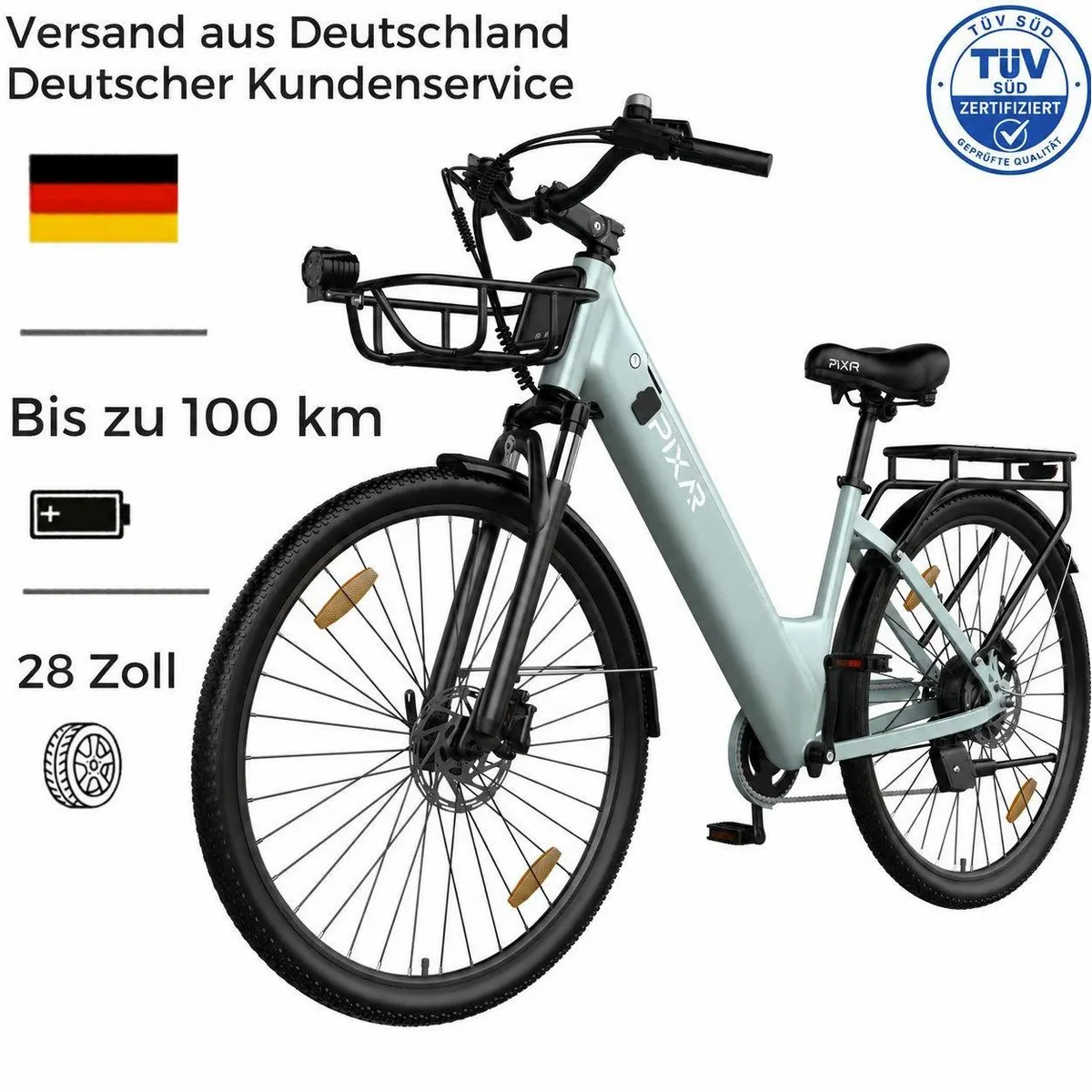 PIXAR E-Bike Cityrad Pedelec, 36V 18Ah, 100 km Reichweite, Shimano 7 Gang