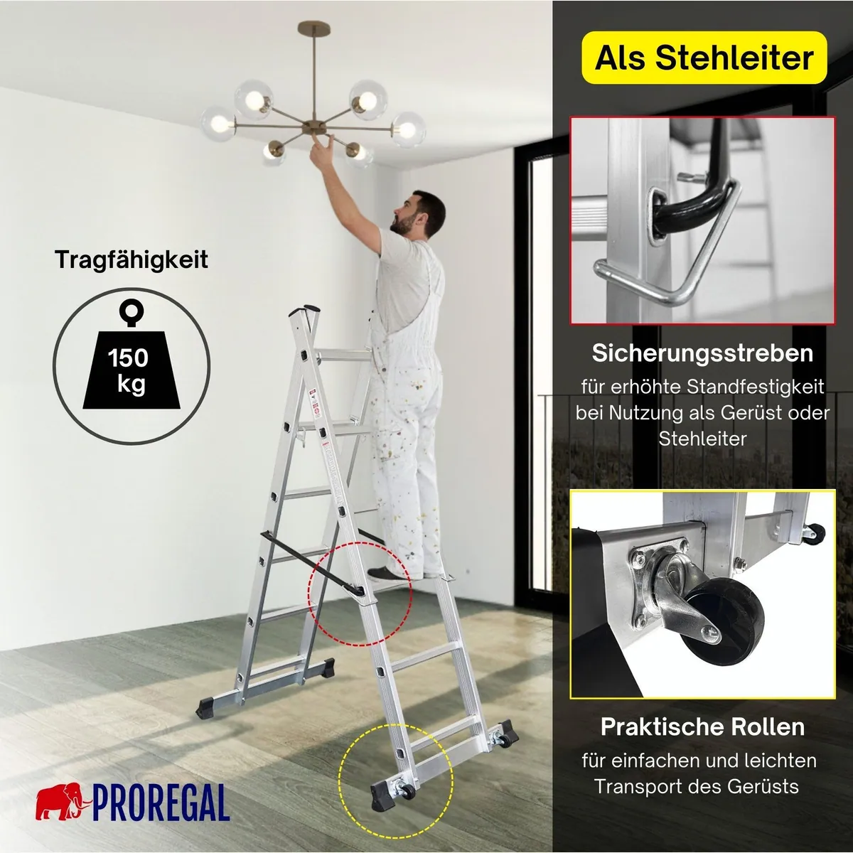 PROREGAL MULTISTEP 3-in-1 Aluminiumleiter, vielseitig einsetzbar, 150 kg Traglast 2