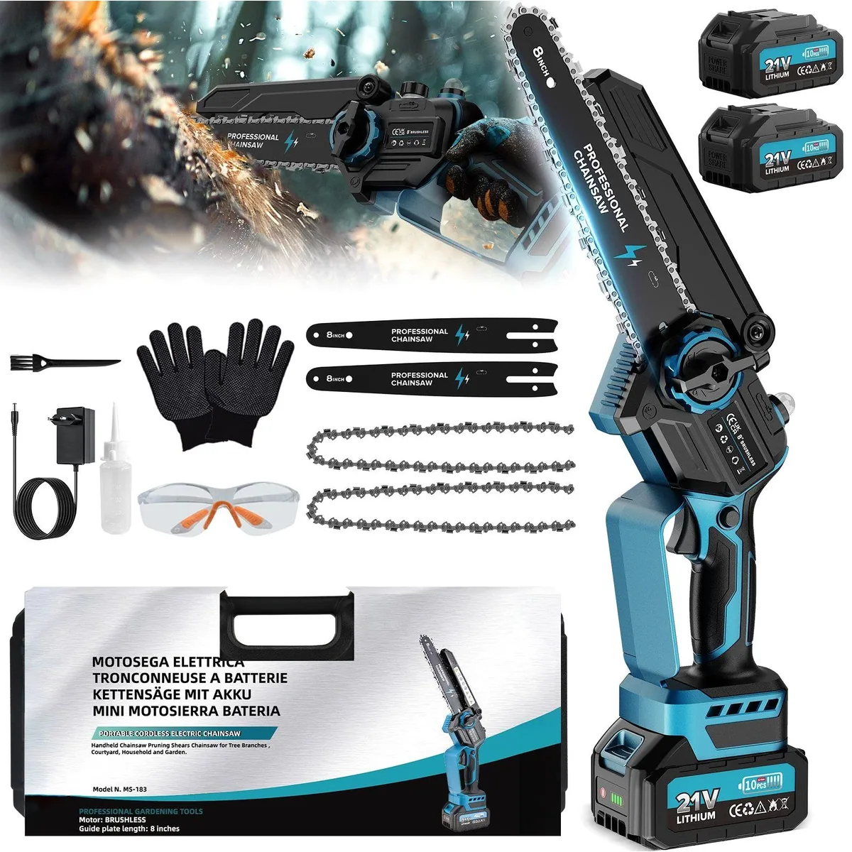 Rinoxar Akku-Kettensäge 6''/8''/12'', bürstenloser Motor, 2 Akkus 4000mAh