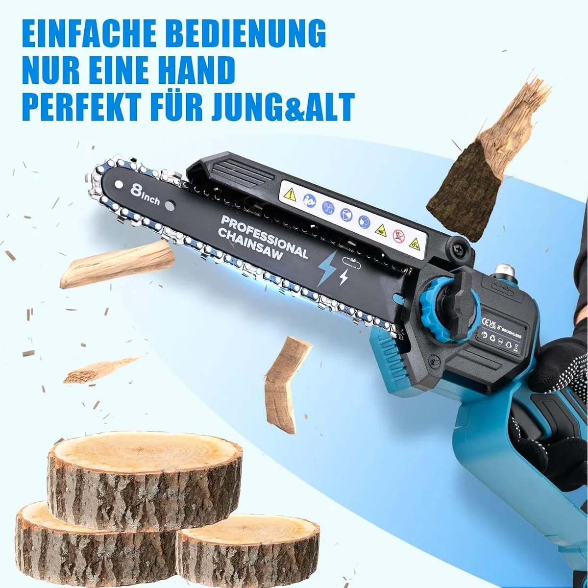 Rinoxar Akku-Kettensäge 6''/8''/12'', bürstenloser Motor, 2 Akkus 4000mAh 4