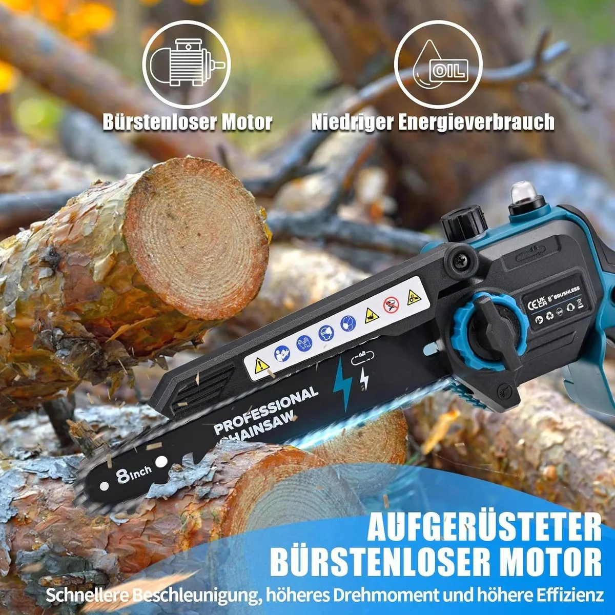 Rinoxar Akku-Kettensäge 6''/8''/12'', bürstenloser Motor, 2 Akkus 4000mAh 5
