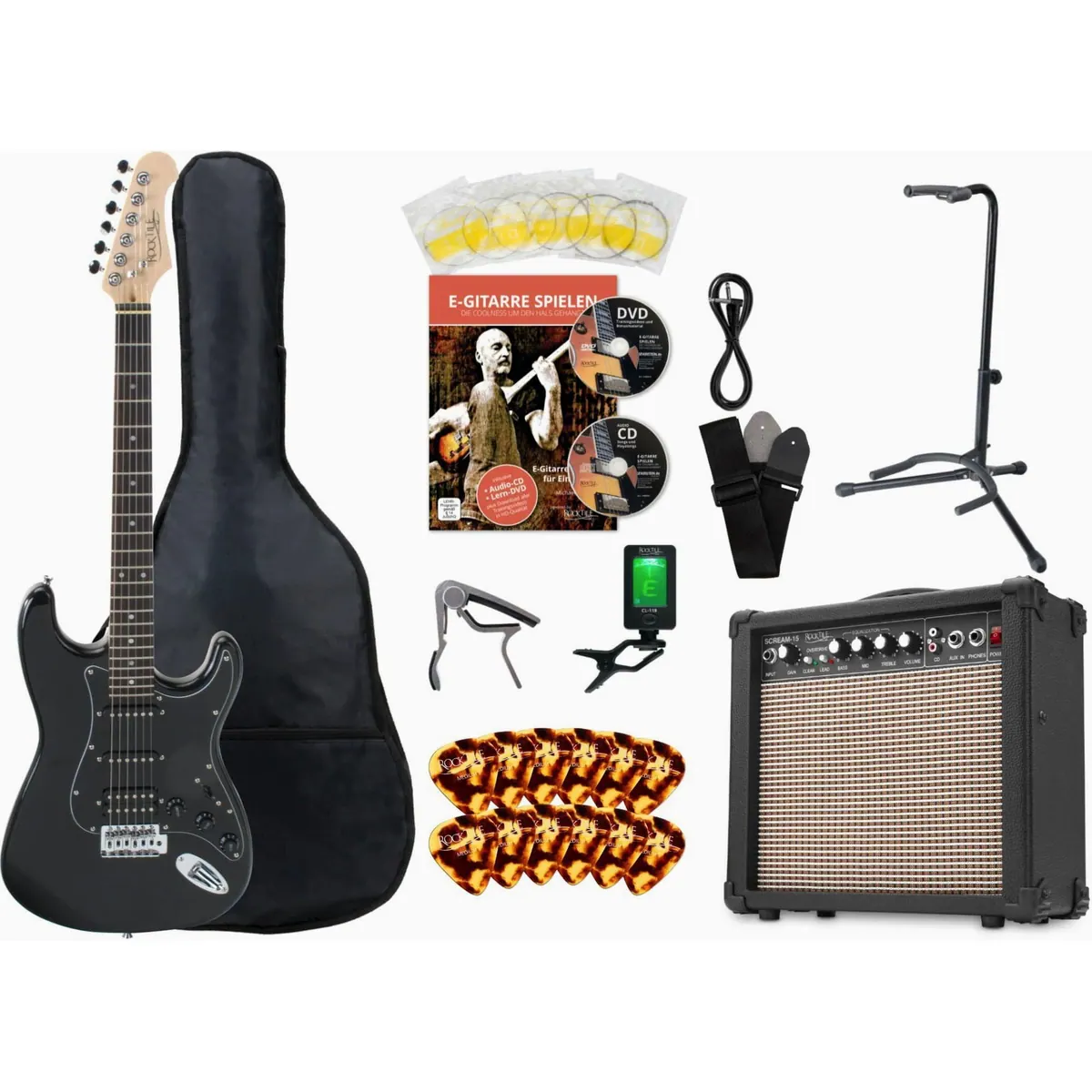 Rocktile E-Gitarre Pro ST60-BK, kraftvoller Verstärker, umfangreiches Zubehör