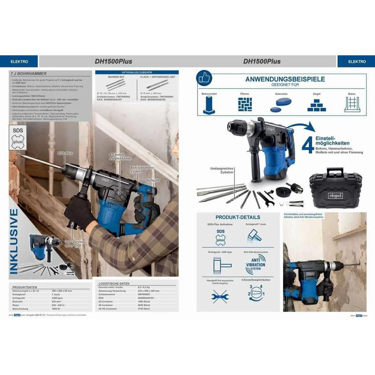 Scheppach DH1500 Plus Elektro-Bohrhammer, 4in1-Funktion, 7 J Schlagkraft 3