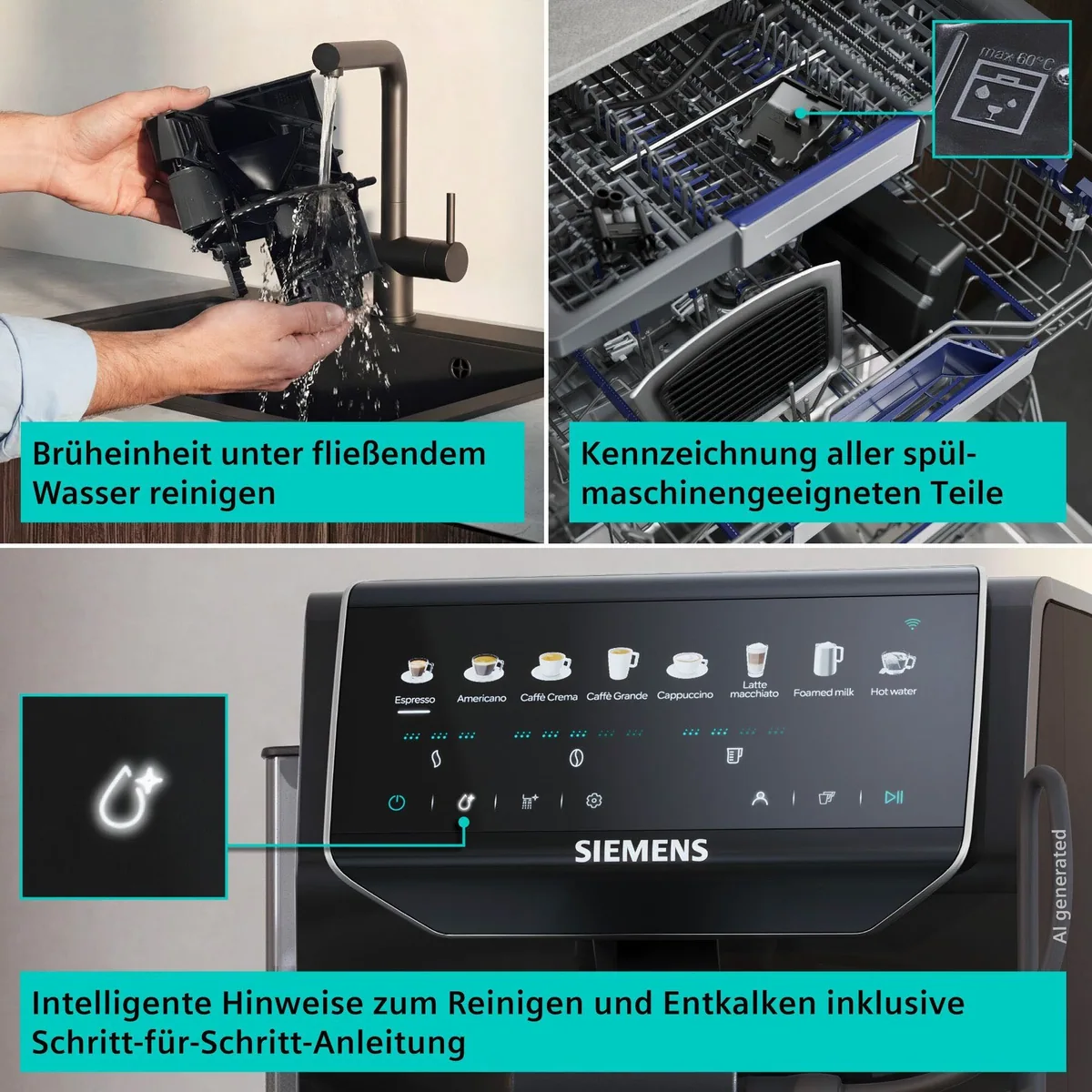 SIEMENS EQ500 TP553E09, Doppeltassenfunktion, 41 Getränke, einfache Reinigung — Keramikmahlwerk, entnehmbare Brüheinheit 5