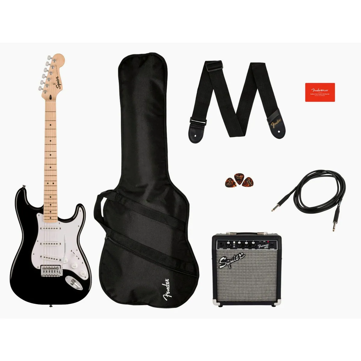 Squier Sonic Stratocaster Pack, komplettes E-Gitarren-Set mit Verstärker und Zubehör