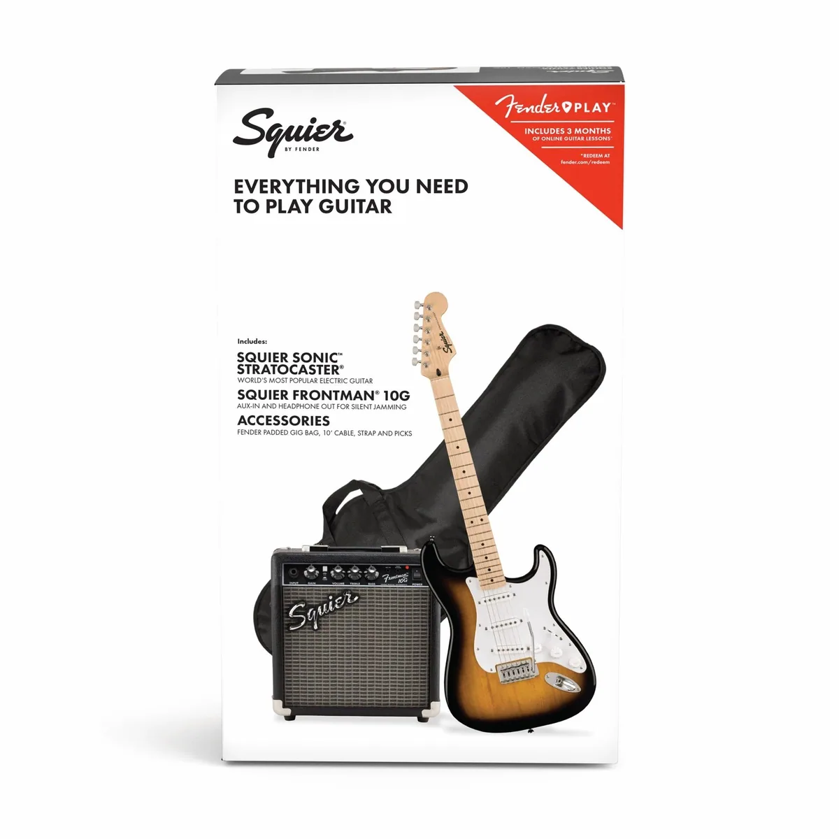 Squier Sonic Series Stratocaster Pack MN, E-Gitarre mit Verstärker und Zubehör