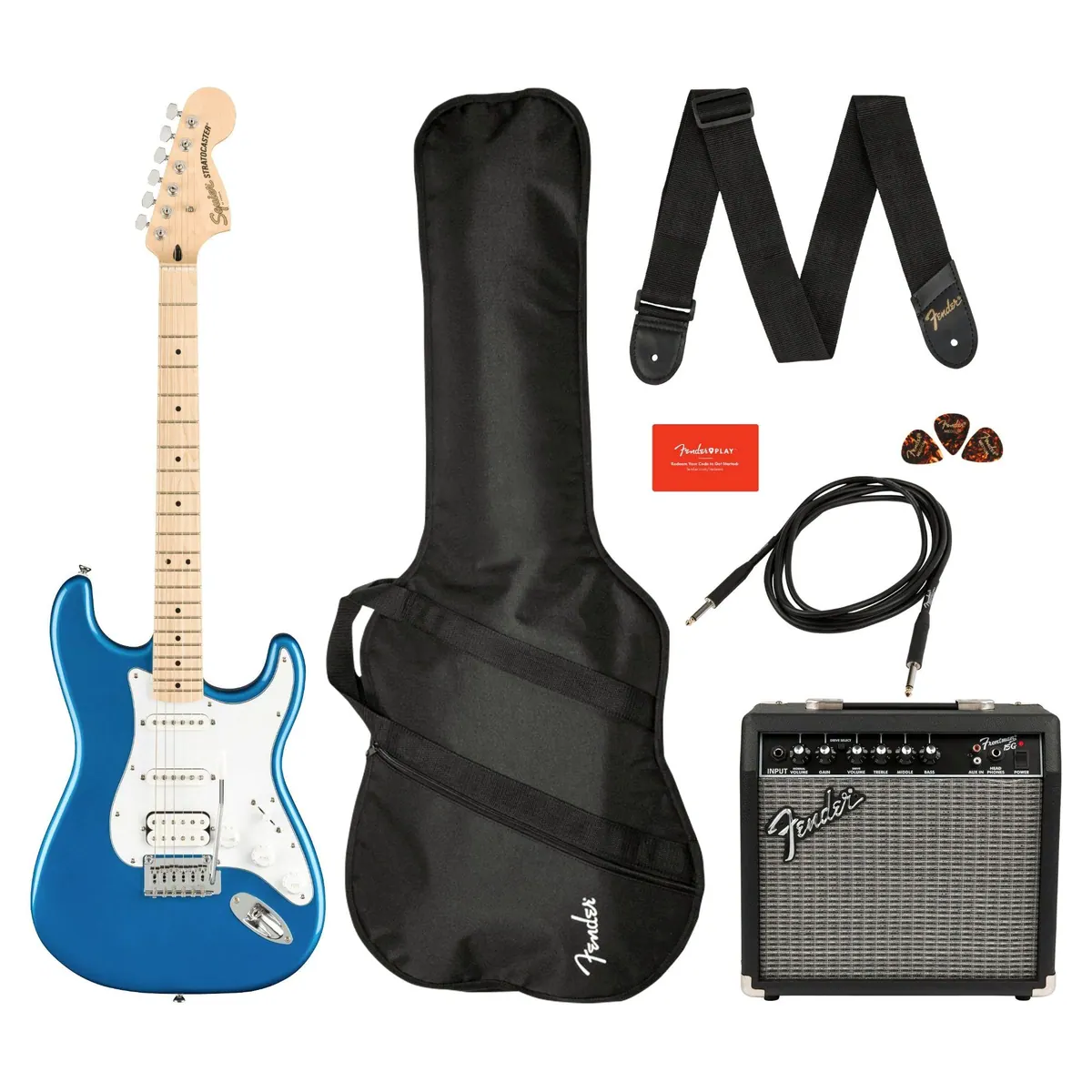 Squier Affinity Stratocaster HSS, vielseitige E-Gitarre mit Verstärker und Zubehör