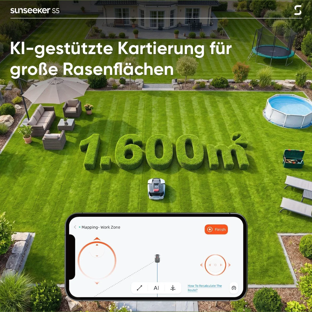 Sunseeker S5 Rasenmähroboter, Allradantrieb, KI-Kartierung, App-Steuerung — für Rasenflächen bis 1600 m² 5