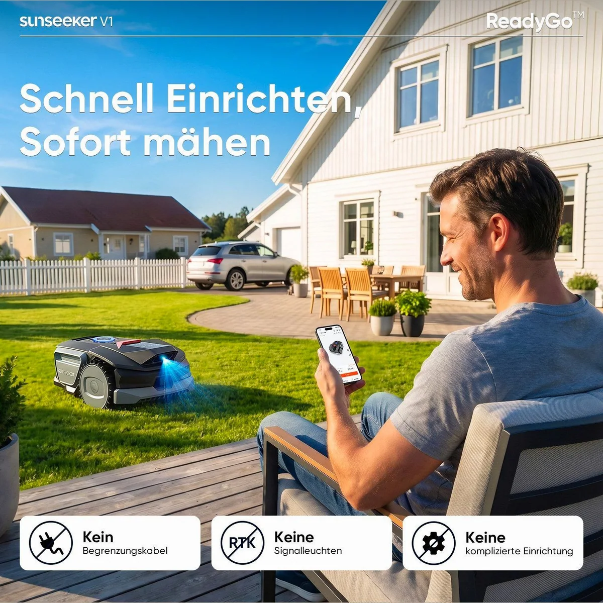 Sunseeker V1 Rasenmähroboter, einfache Installation, Vision AI, leise 55 dB 2