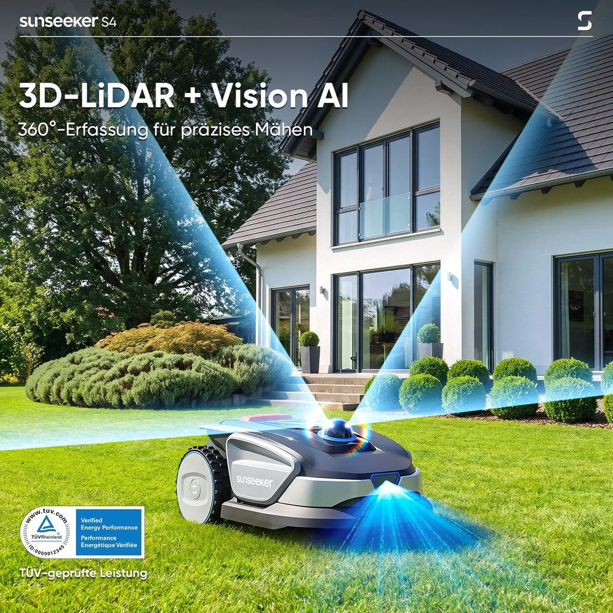 Sunseeker S4 Rasenmähroboter, 3D LiDAR + Vision AI, App-Steuerung, bis 1000 m² 3