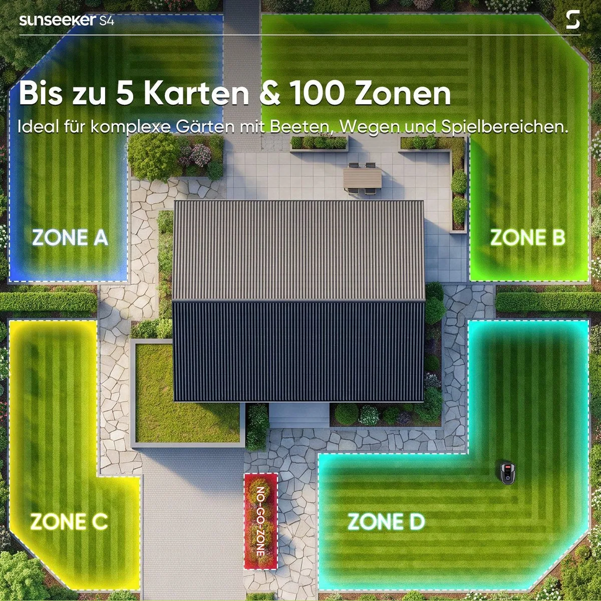 Sunseeker S4 Rasenmähroboter, 3D LiDAR + Vision AI, App-Steuerung, bis 1000 m² 5