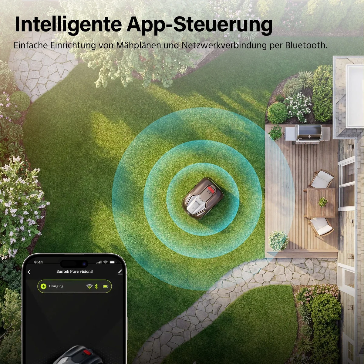 SUNTEK Pure Vision Mähroboter, intelligente Rasenpflege ohne Begrenzungskabel — bis 250 m², App-Steuerung, 35% Steigung 5