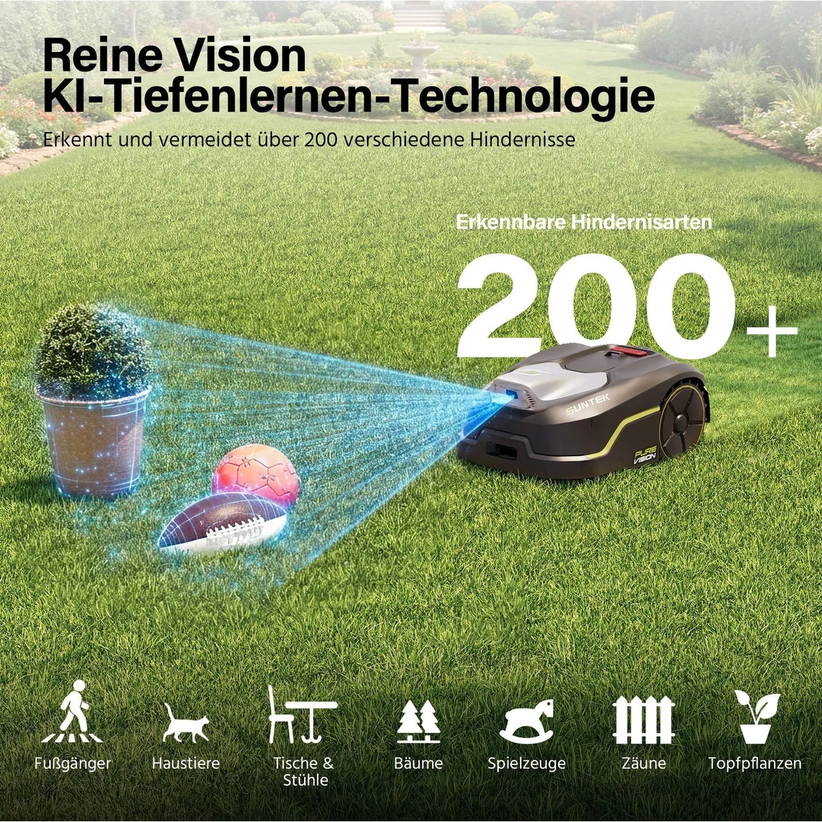 Suntek Pure Vision Mähroboter, kabellose KI-Technologie, App-Steuerung, bis 250 m² 2