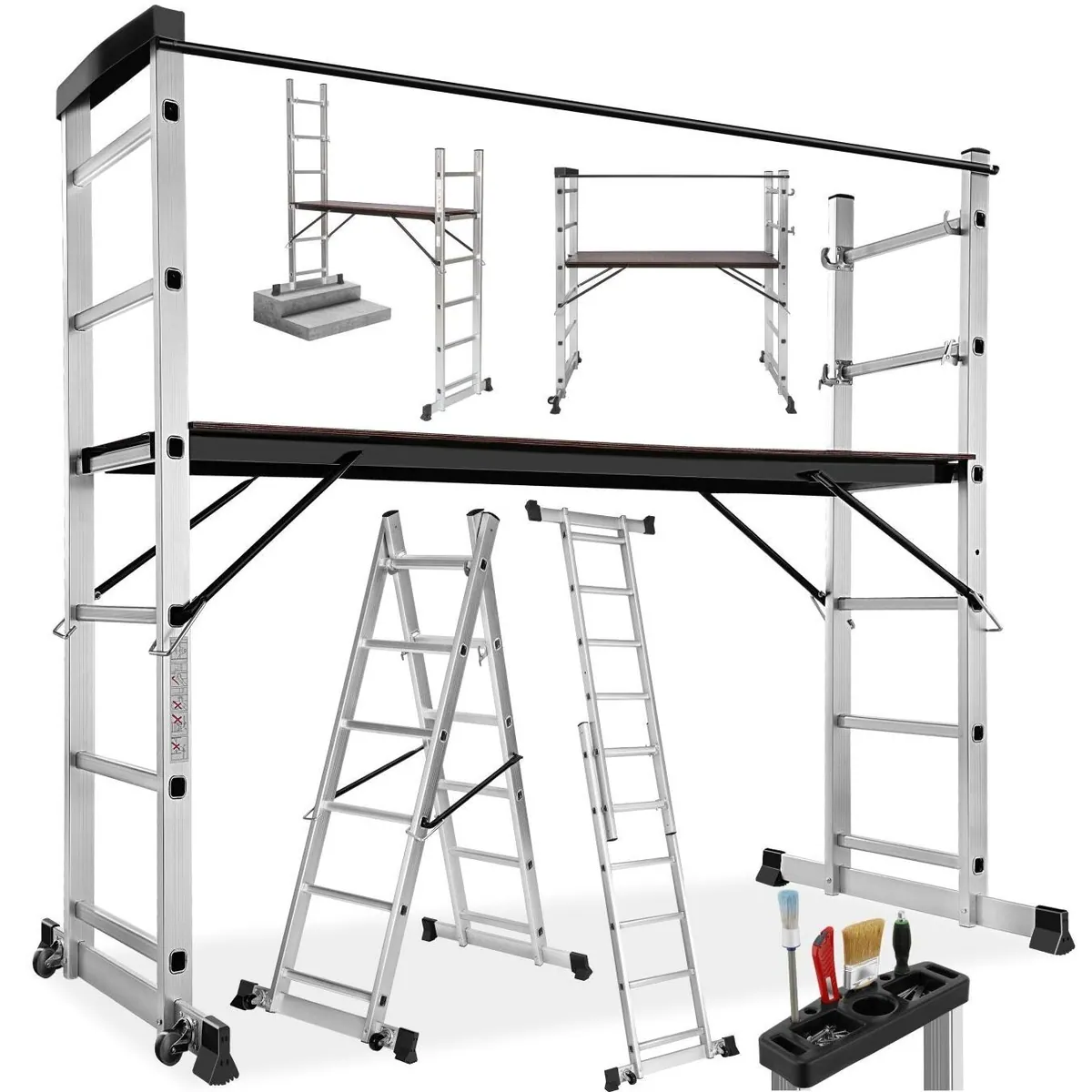 tectake Teleskopleiter Aluminium Multigerüst 4 in 1, 150 kg Belastbarkeit, rutschfest und mobil