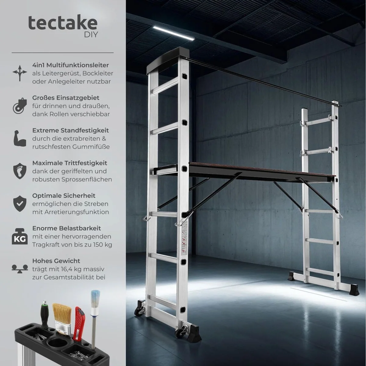 tectake Teleskopleiter Aluminium Multigerüst 4 in 1, 150 kg Belastbarkeit, rutschfest und mobil 2