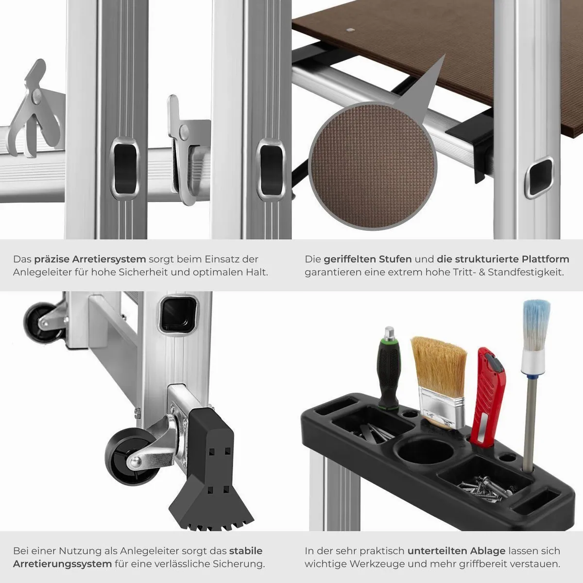 tectake Teleskopleiter Aluminium Multigerüst 4 in 1, 150 kg Belastbarkeit, rutschfest und mobil 4