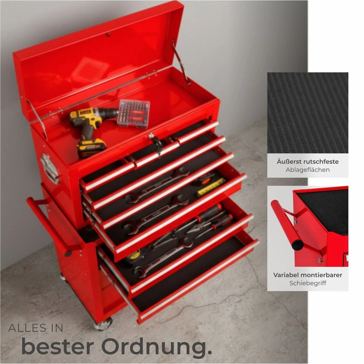 tectake Werkzeugwagen Werkstattwagen, hohe Belastbarkeit, zentraler Kofferaufsatz, rot 5