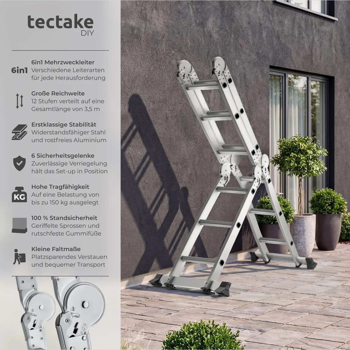 tectake Teleskopleiter Aluminium 6in1, klappbar, 150 kg Belastbarkeit 2