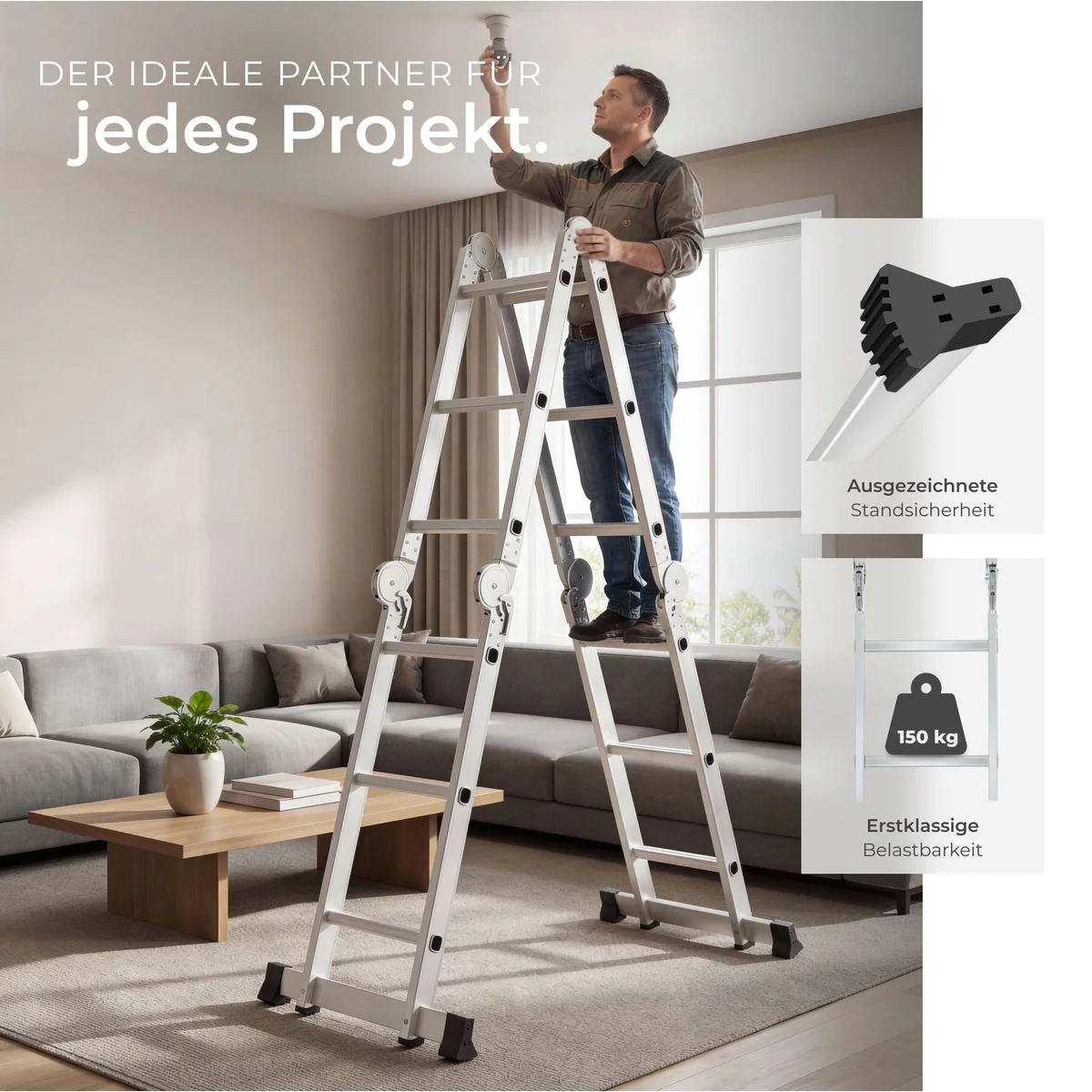 tectake Teleskopleiter Aluminium 6in1, klappbar, 150 kg Belastbarkeit 5