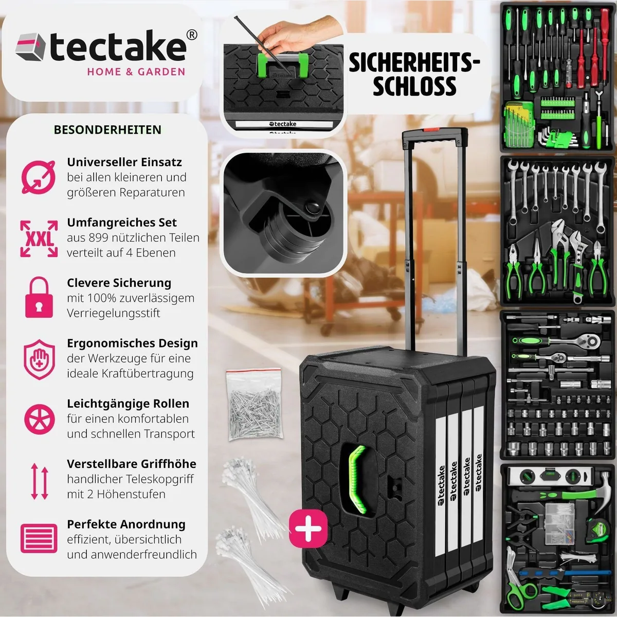 tectake Werkzeugtrolley Werkzeugkoffer, 899-teiliges Komplettset mit Teleskopgriff 2