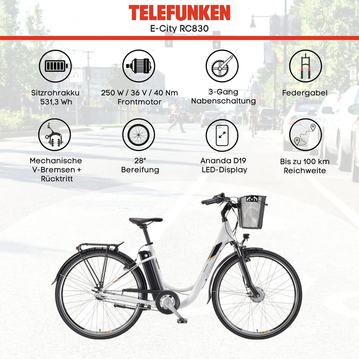 Telefunken E-Bike RC830, 250 W Frontmotor, 531,3 Wh Akku, 3-Gang Shimano Nexus 5