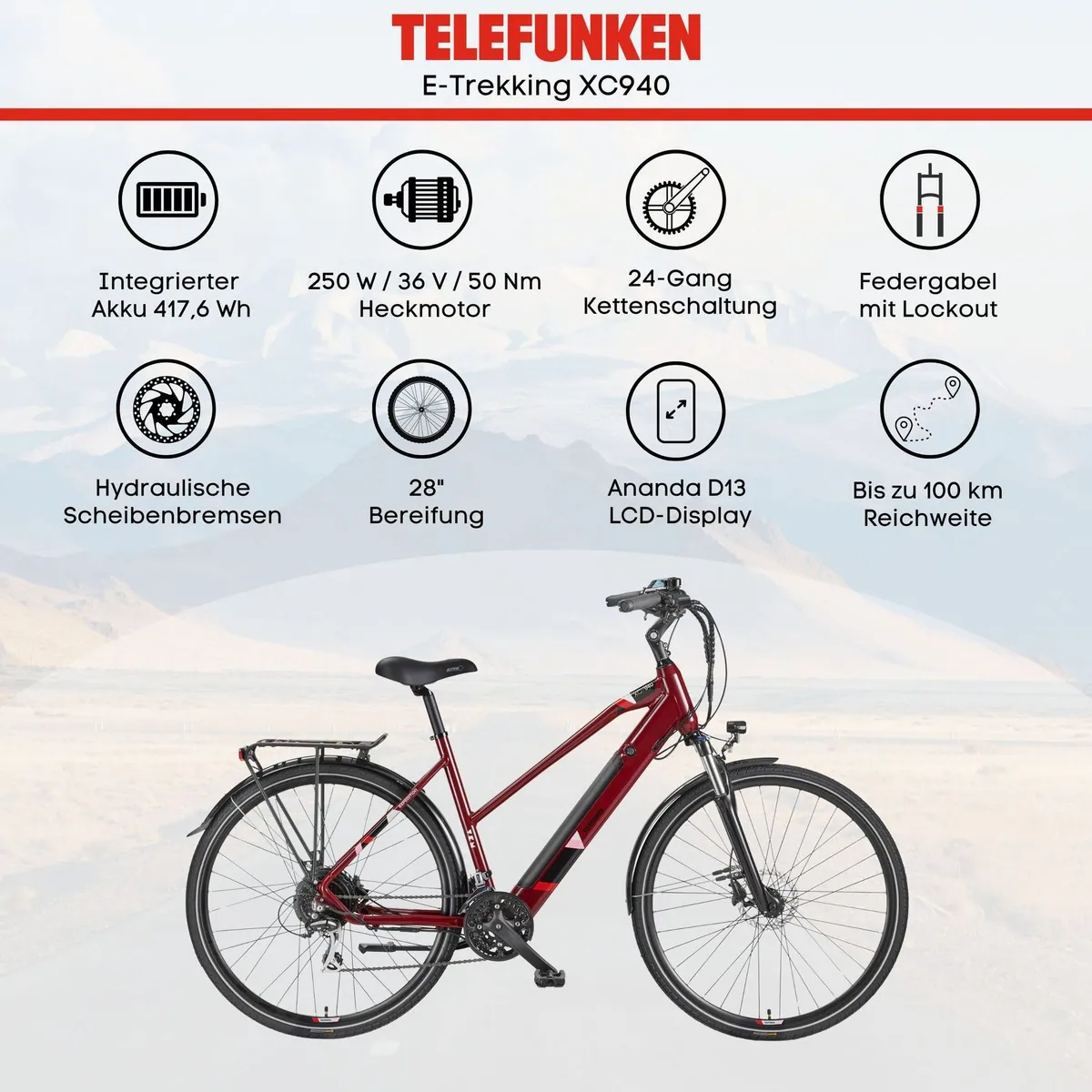 Telefunken E-Bike Trekkingrad Expedition XC940, 24-Gang Shimano Acera, Heckmotor, 100 km Reichweite 5