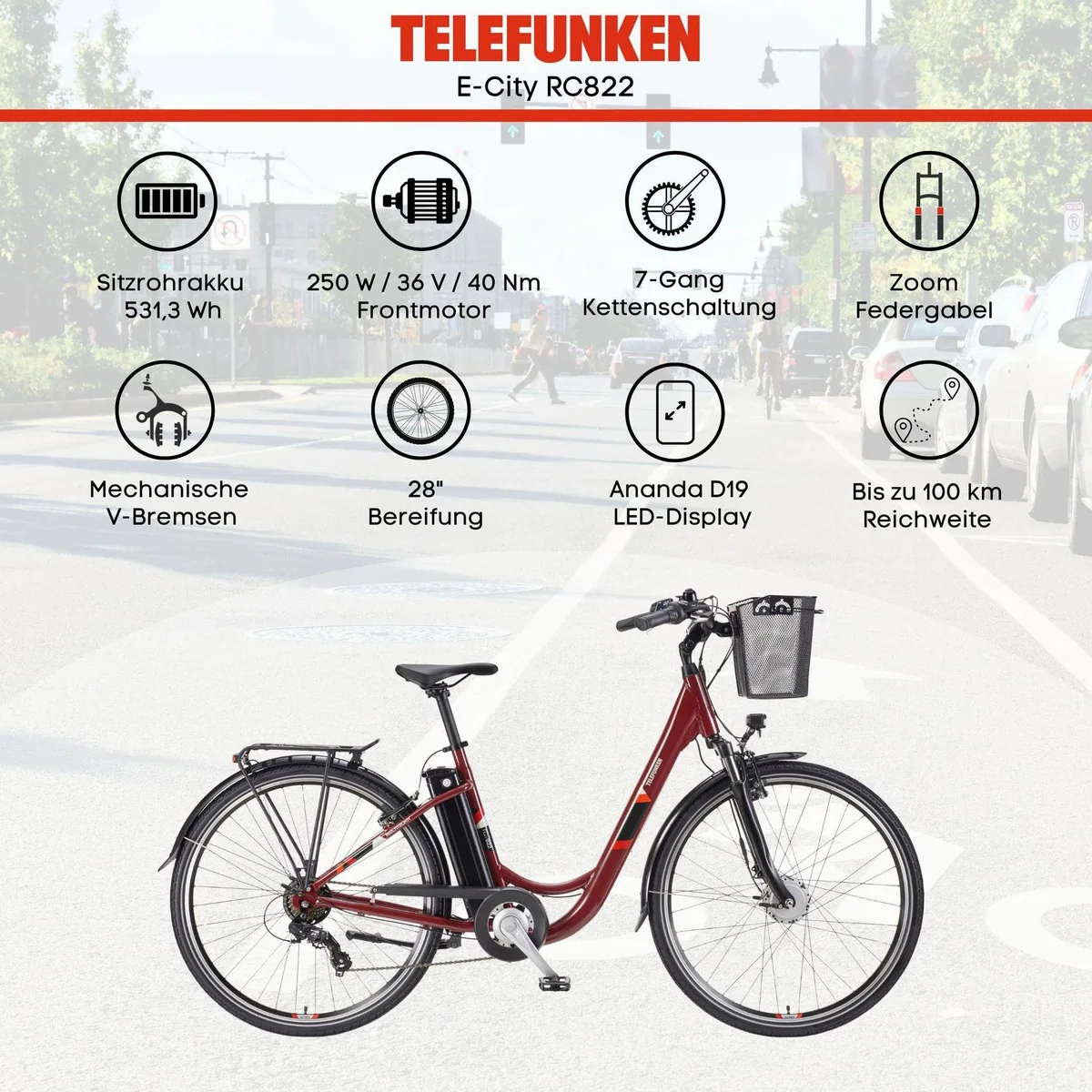 Telefunken E-Bike Cityrad RC822, 100 km Reichweite, 7-Gang Shimano Schaltung 4
