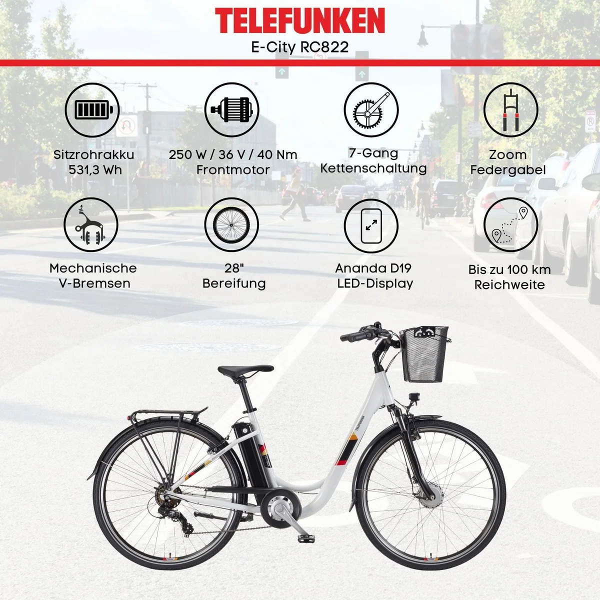 Telefunken E-Bike Cityrad RC822, 100 km Reichweite, 7-Gang Shimano Schaltung 5