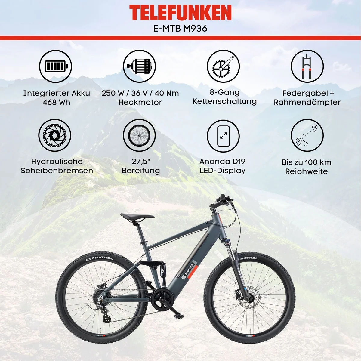 Telefunken E-Bike Aufsteiger M936, leistungsstarker Heckmotor, 8-Gang Shimano Schaltung 5