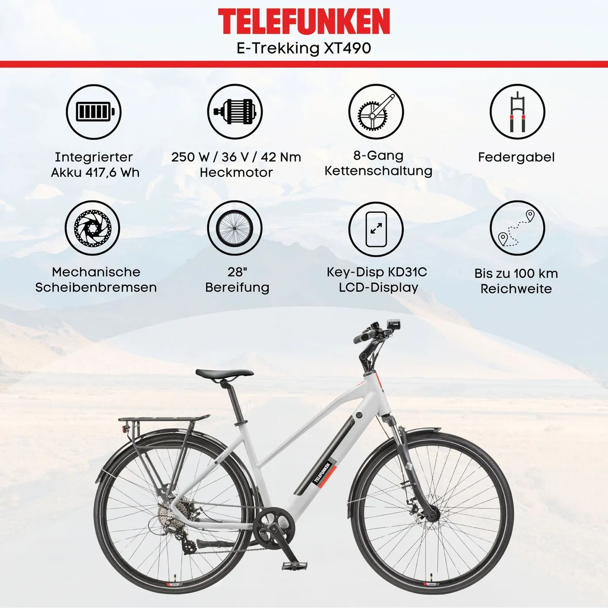 Telefunken E-Bike Trekkingrad Expedition XT490, 250 W Heckmotor, 417,6 Wh Akku, Shimano 8-Gang 5