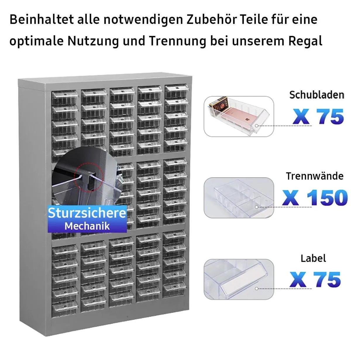 TK-Handel Sortimentskasten Metall, 75 Schubladen, sturzsicher, robust, vielseitig 2