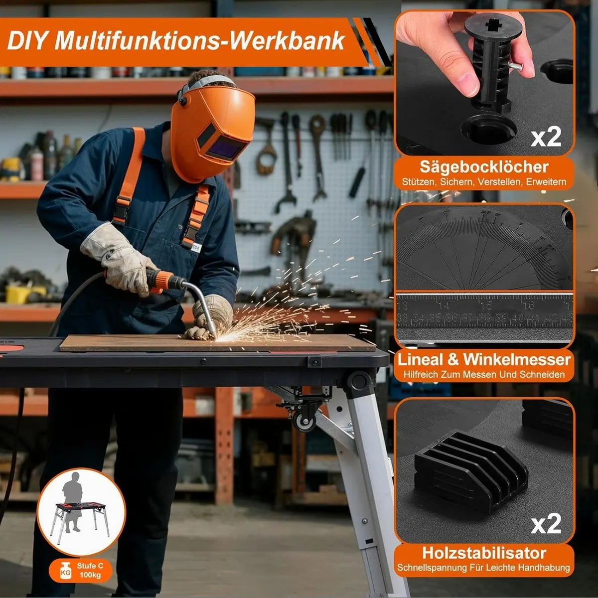 TLGREEN Multifunktions-Werkbank, Höhenverstellbar, 7-in-1 — Klappbar, Integrierte Steckdose, Mobil 5