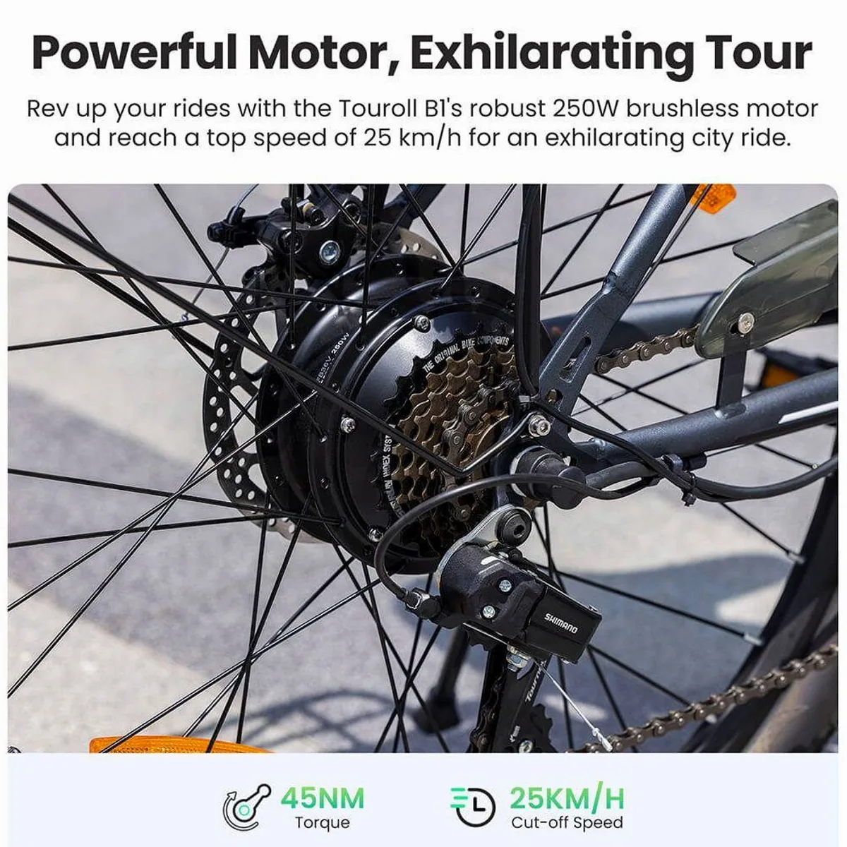 Touroll B1 E-Bike, 250 W Motor, 90 km Reichweite, 7-Gang Shimano Schaltung 3
