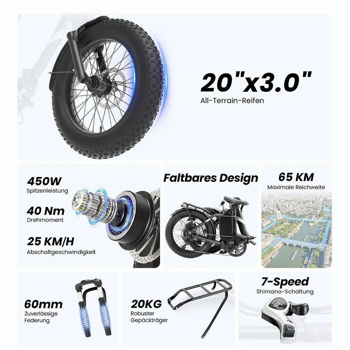 Touroll S3 E-Bike, leistungsstarker Motor, abnehmbarer Akku, 20" Fat-Reifen 3